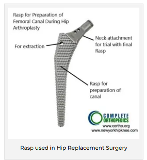 The rasp used to shape the canal of the thigh bone The rasp used to shape the canal of the thigh bone